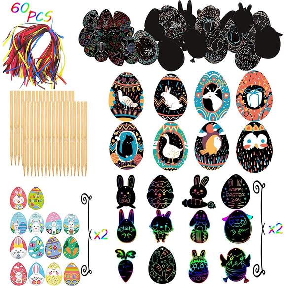 Easter Scratch Paper Art for Kids - 60 Pcs Magic Rainbow Scratch Paper Black Scr - Picture 1 of 10